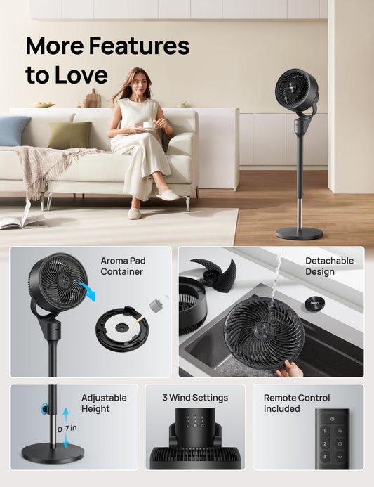Dreo Fan for Bedroom, 80° Oscillating Standing Fan, 25dB Quiet, 80ft Pedestal Fans for Home Office, 90° Manual Vertical, 3 Speeds, Remote, 34-41" Adjustable Height, Air Circulator