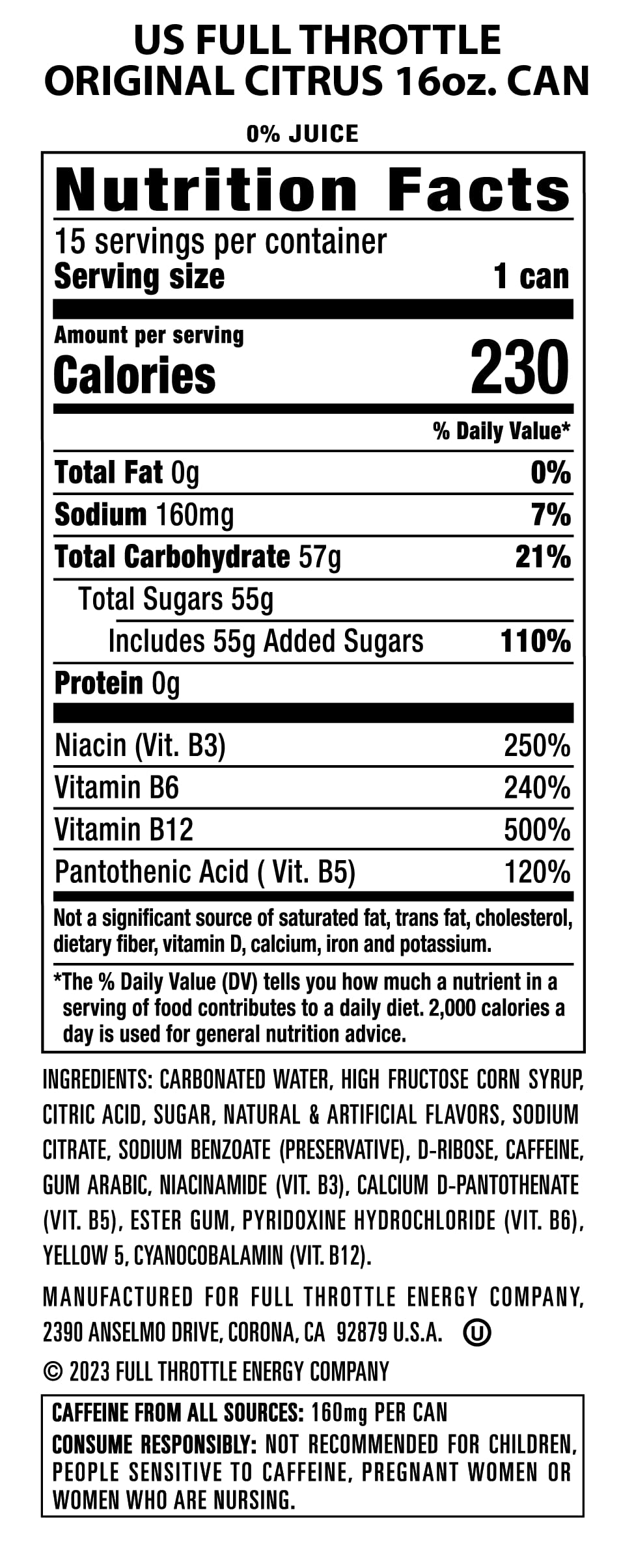 Full Throttle Citrus: Hard-Working Energy Drink. 16 Fl oz (Pack of 15)