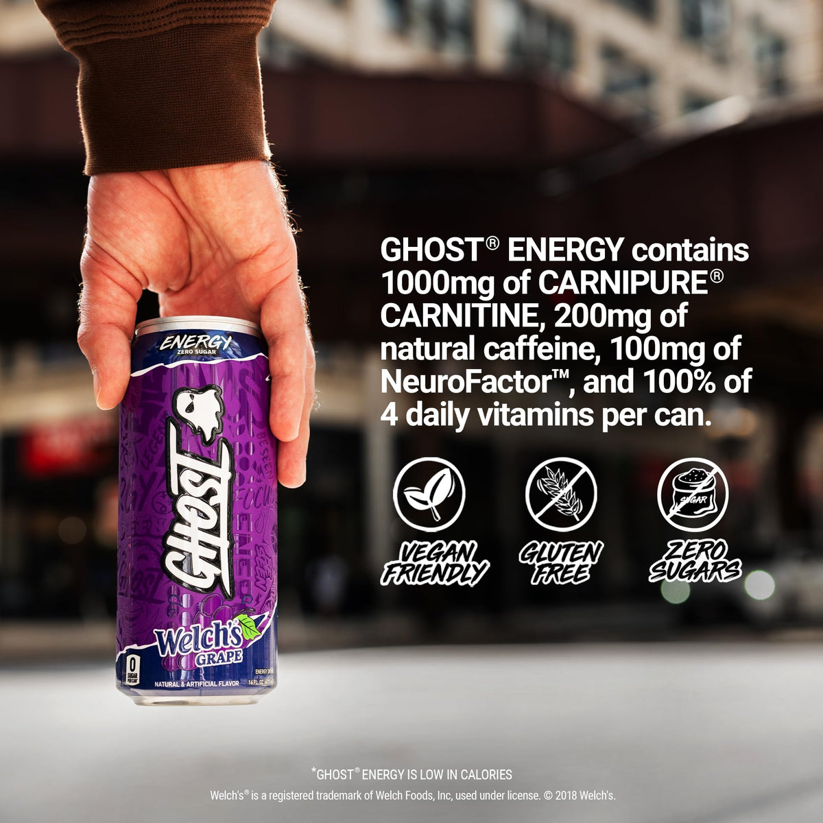 GHOST Energy Drink - 12-Pack, Welch's Grape, 16oz Cans - Energy & Focus & No Artificial Colors - 200mg of Natural Caffeine, L-Carnitine & Taurine - Gluten-Free & Vegan