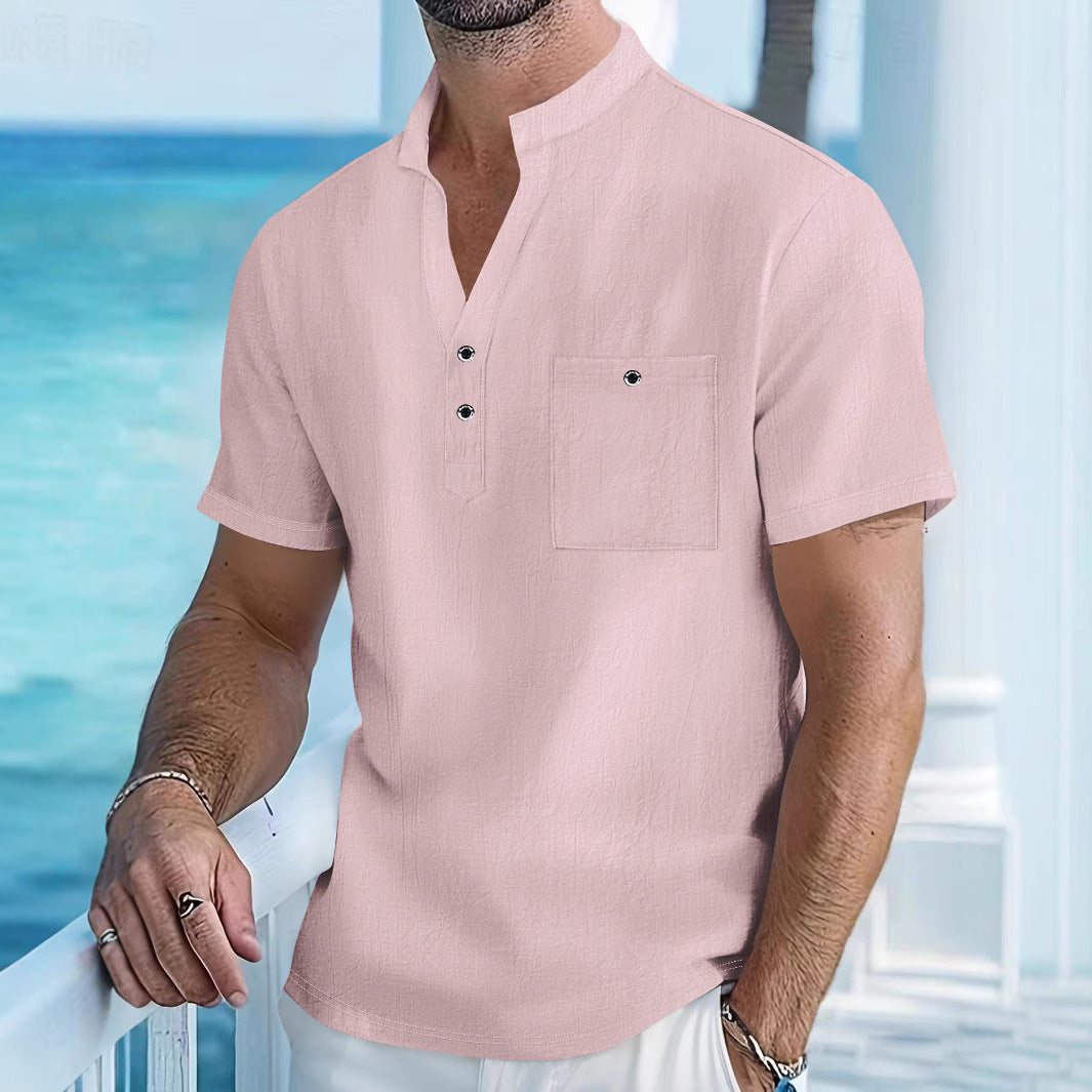 Stand Collar T-shirt Linen Short Sleeve Shirt Men