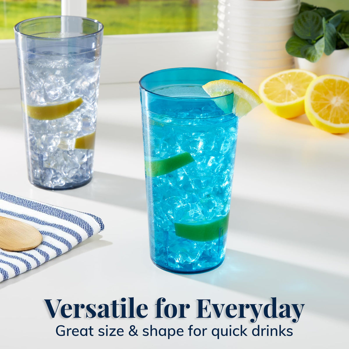 US Acrylic Cafe Plastic Reusable Tumblers (Set of 16) 20-ounce Water Cups Coastal Colors | Restaurant Style Drinking Glasses Value Set, Stackable, BPA-free, Made in the USA | Top-rack Dishwasher Safe