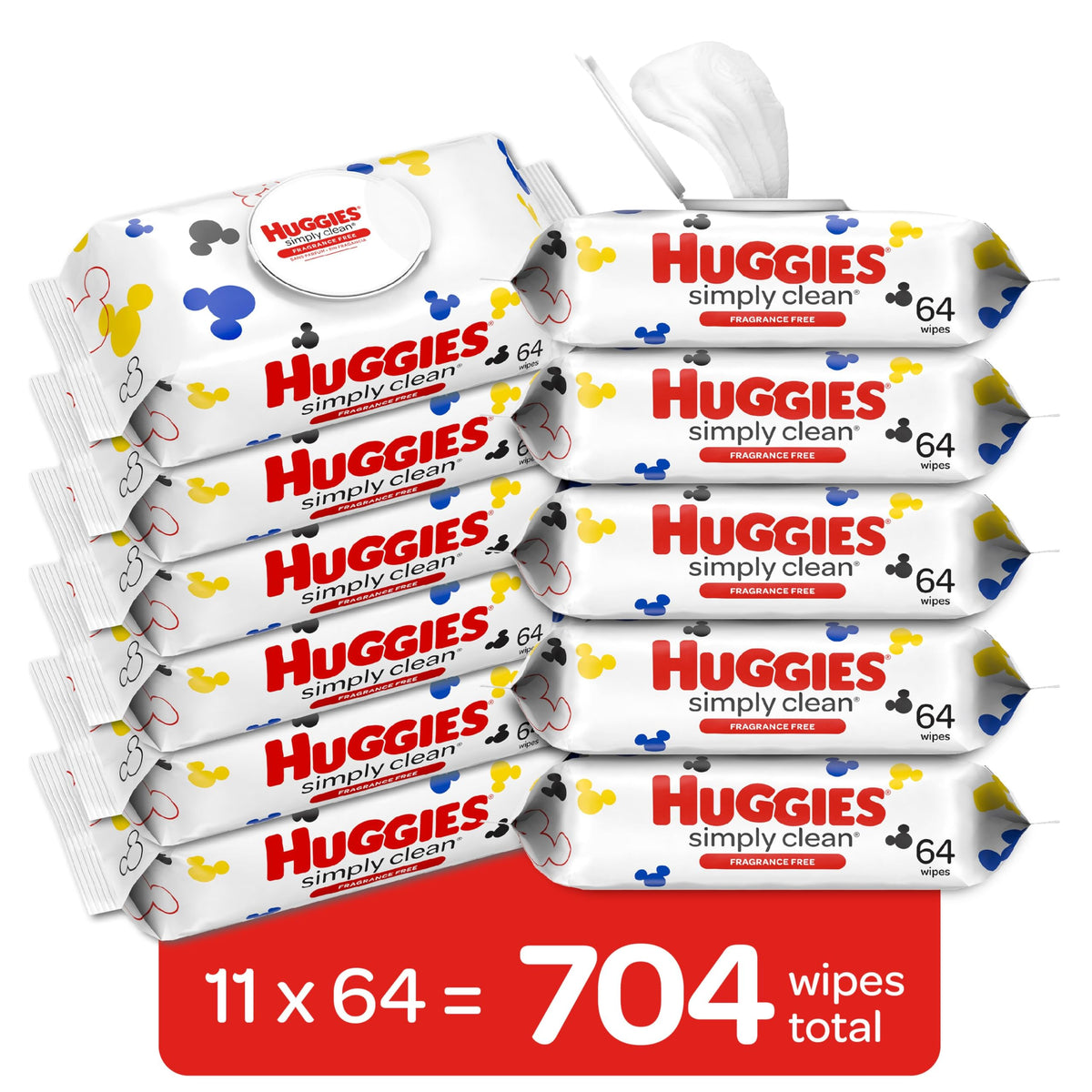 Huggies Simply Clean Unscented Baby Diaper Wipes, 11 Flip-Top Packs (704 Wipes Total), Packaging May Vary