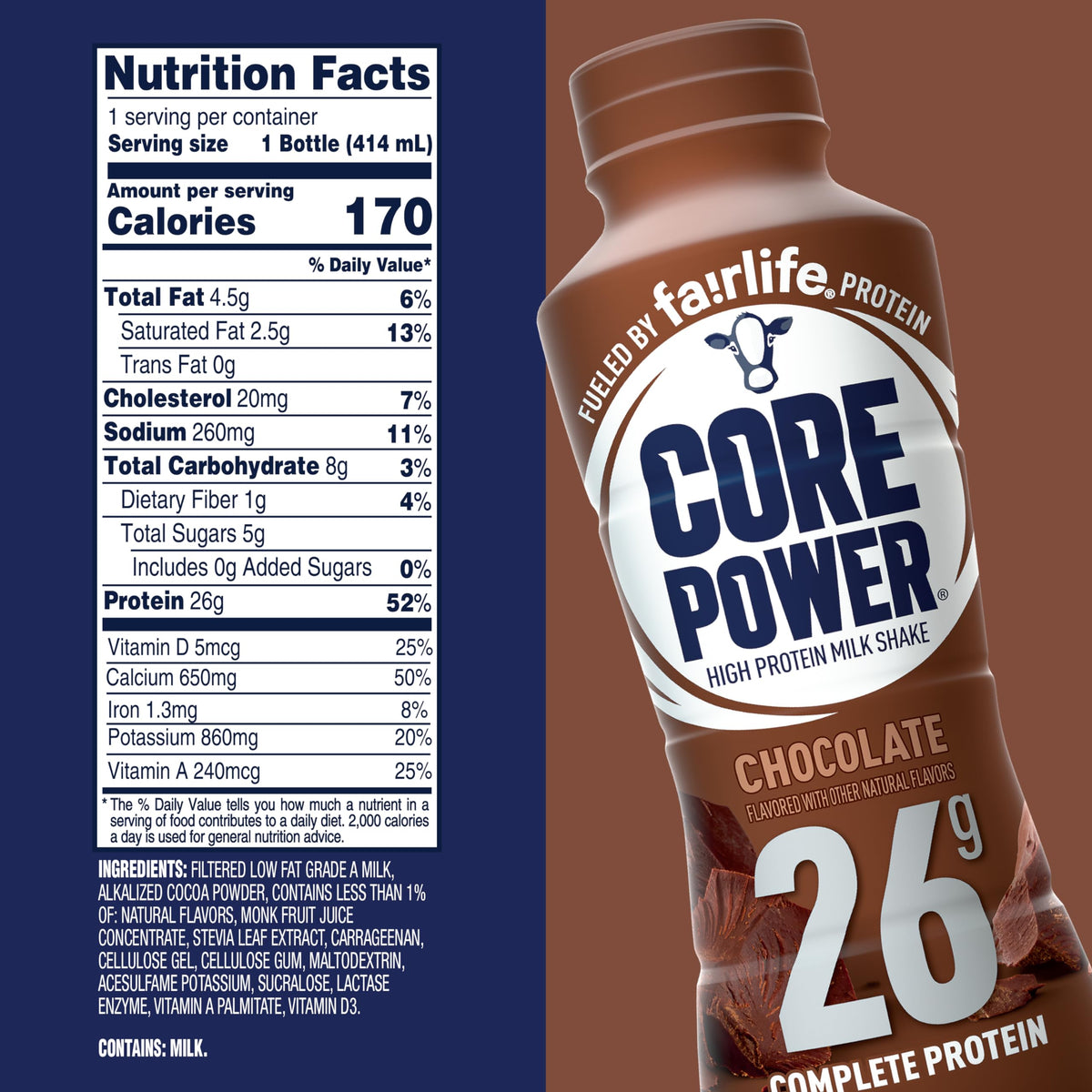 Core Power Protein Shake, Chocolate, 26g Bottle, 14oz, 12 Pack
