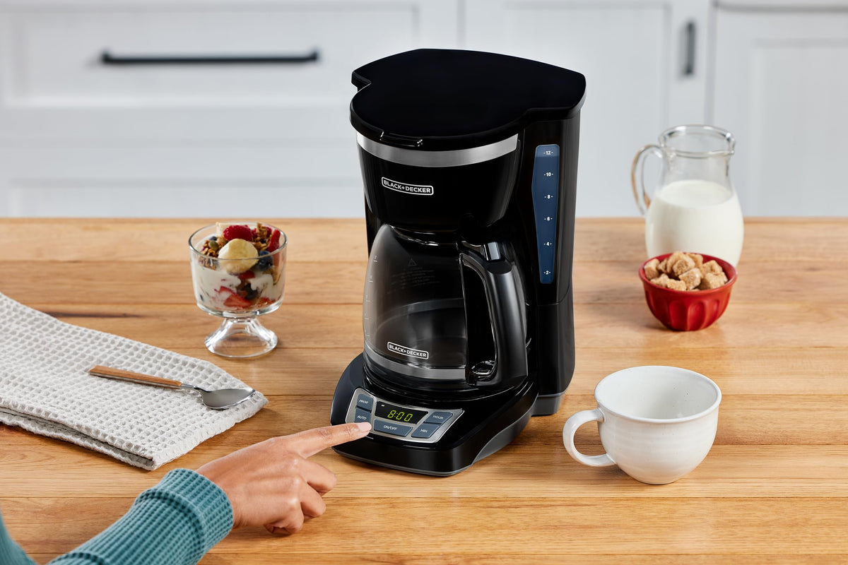 BLACK+DECKER 12-Cup Digital Coffee Maker, Programmable, Washable Basket Filter, Sneak-A-Cup, Auto Brew, Water Window, Keep Hot Plate, Black