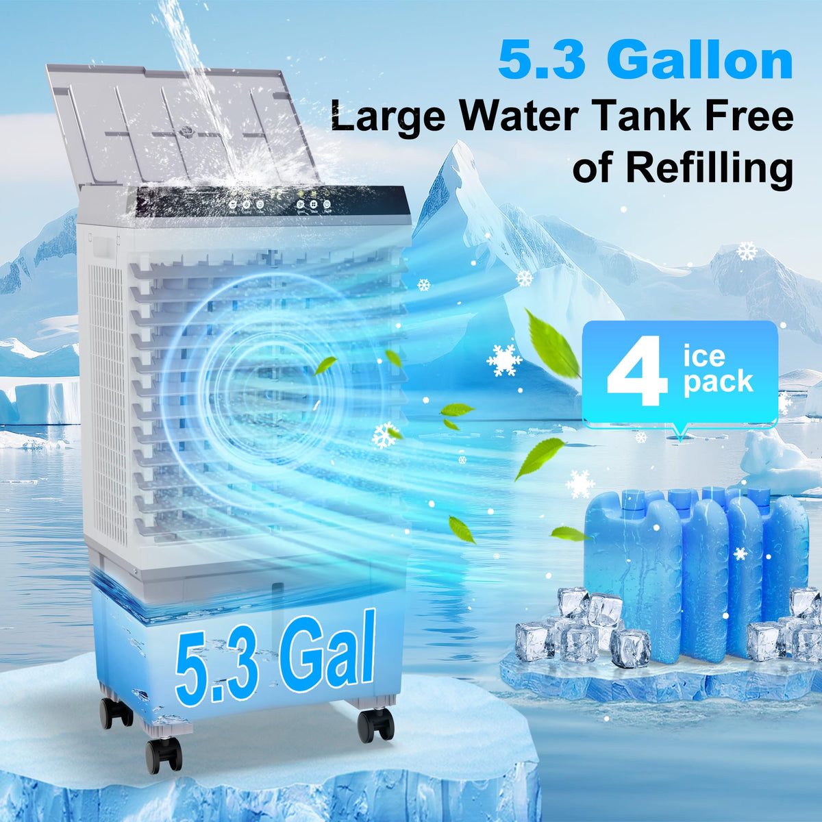 Uthfy Swamp Cooler Air Conditioner, Evaporative Air Cooler with 5.3 Gallon Water Tank, 4 Ice Box, Remote, 12H Timer, 120°Oscillation, Portable Cooling Fan with 3 Speeds for Bedroom Home Office