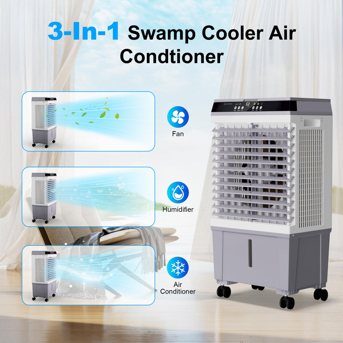 Uthfy Swamp Cooler Air Conditioner, Evaporative Air Cooler with 5.3 Gallon Water Tank, 4 Ice Box, Remote, 12H Timer, 120°Oscillation, Portable Cooling Fan with 3 Speeds for Bedroom Home Office