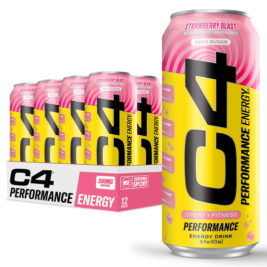 Cellucor C4 Performance Energy Drink | Strawberry Blast | Zero Sugar Carbonated Preworkout Energy | 200mg Caffeine with Beta Alanine | 16 Fl Oz (12 Pack)