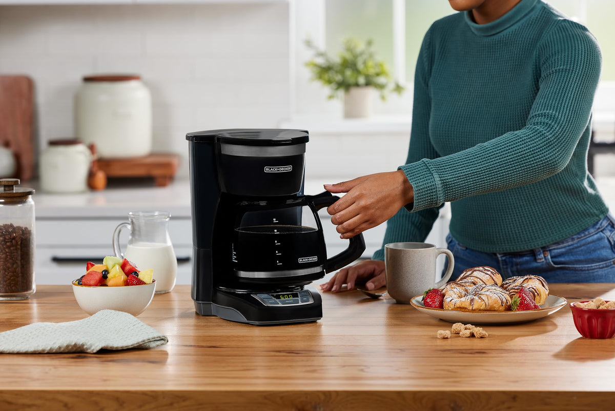BLACK+DECKER 12-Cup Digital Coffee Maker, Programmable, Washable Basket Filter, Sneak-A-Cup, Auto Brew, Water Window, Keep Hot Plate, Black