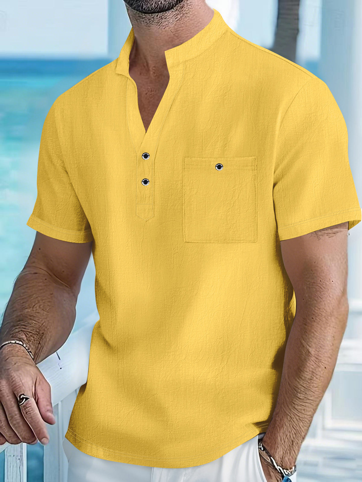 Stand Collar T-shirt Linen Short Sleeve Shirt Men Yellow
