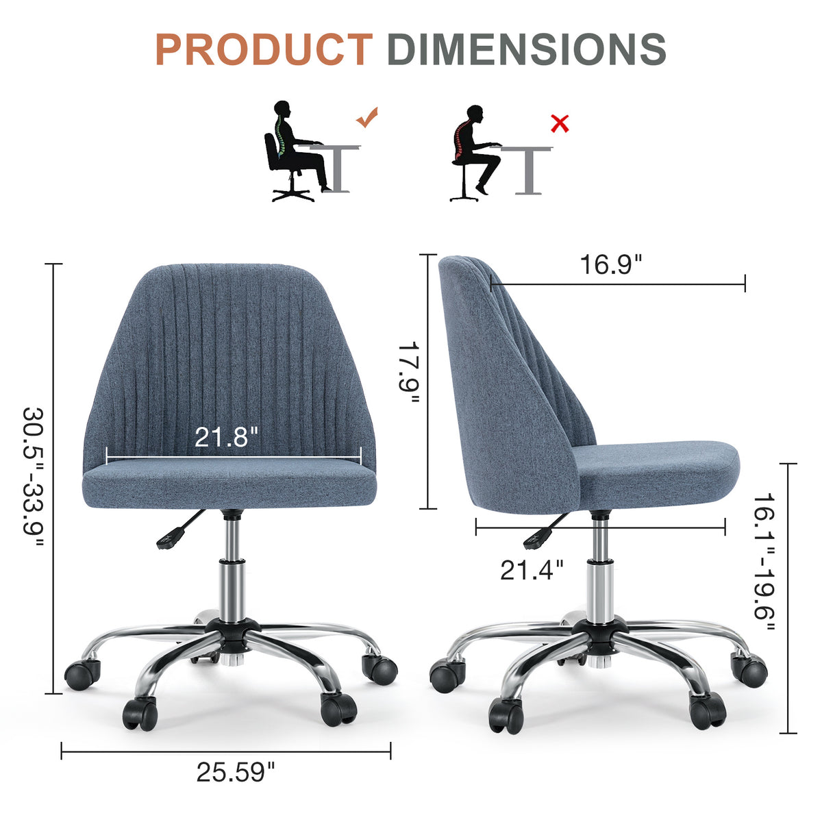 Modern Fabric Armless Adjustable Swivel Office Desk Chairs With Wheels Blue
