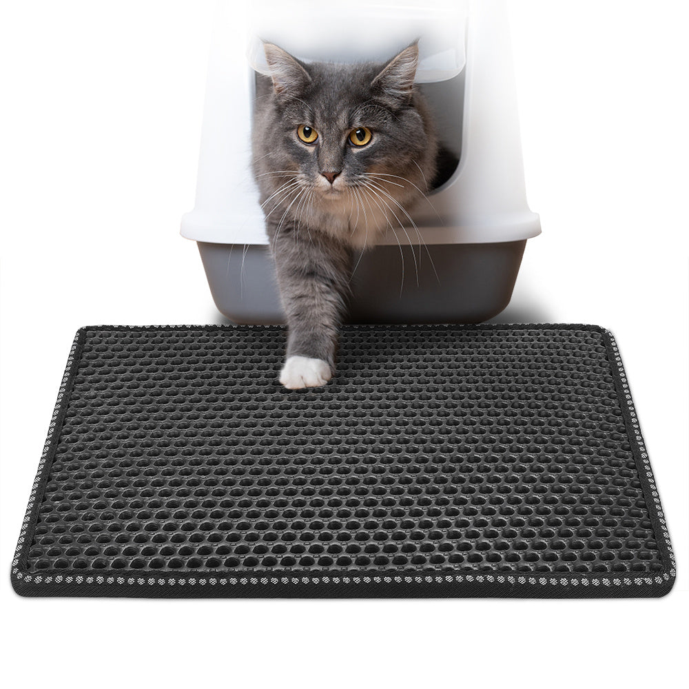 Double Rice Grain Cat Litter Mat, Cat Litter Cleaning Pad, Cat Litter Box Mat, Splash Guard Filter Mat Black