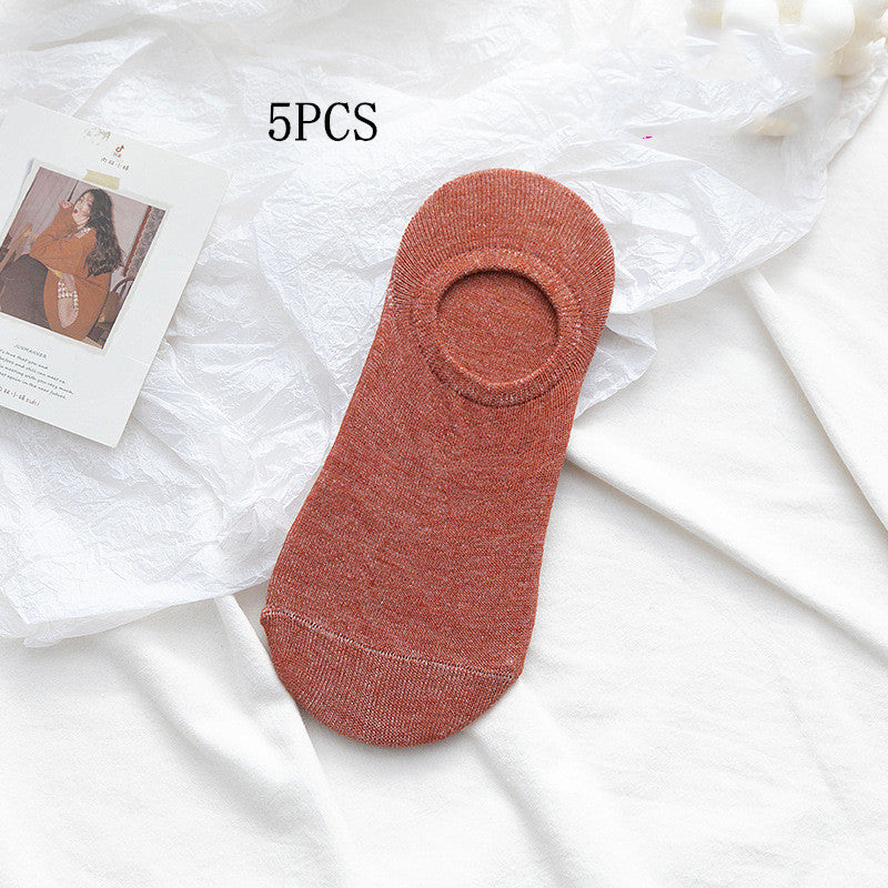 Socks Men And Women Solid Color Boat Socks Spring Invisible Socks Socks Socks Net Red Men'S Socks Female Claret 5PCS
