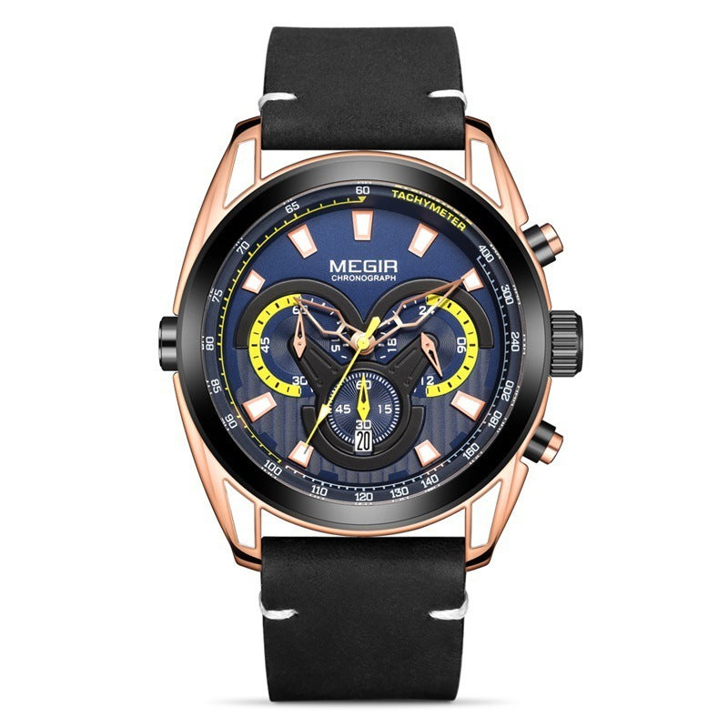 Watch Men's Trendy Blue Chronograph Watch Sports Quartz Watch Rose Gold