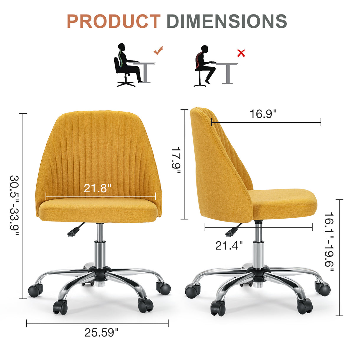Modern Fabric Armless Adjustable Swivel Office Desk Chairs With Wheels Yellow