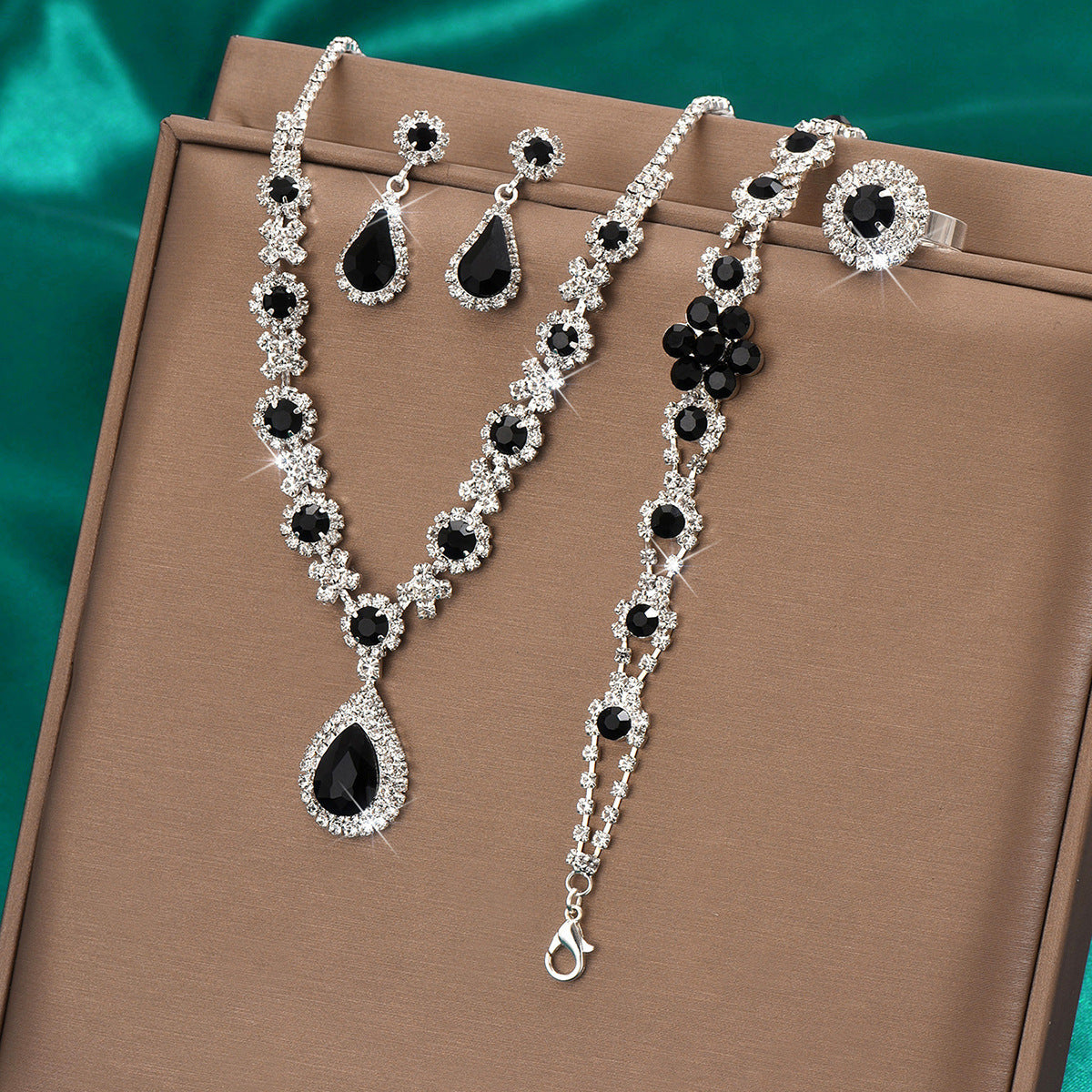 High-grade Crystal Gem Women's Water Drop Necklace Ear Stud Bracelet Ring 907660918 Ring Black