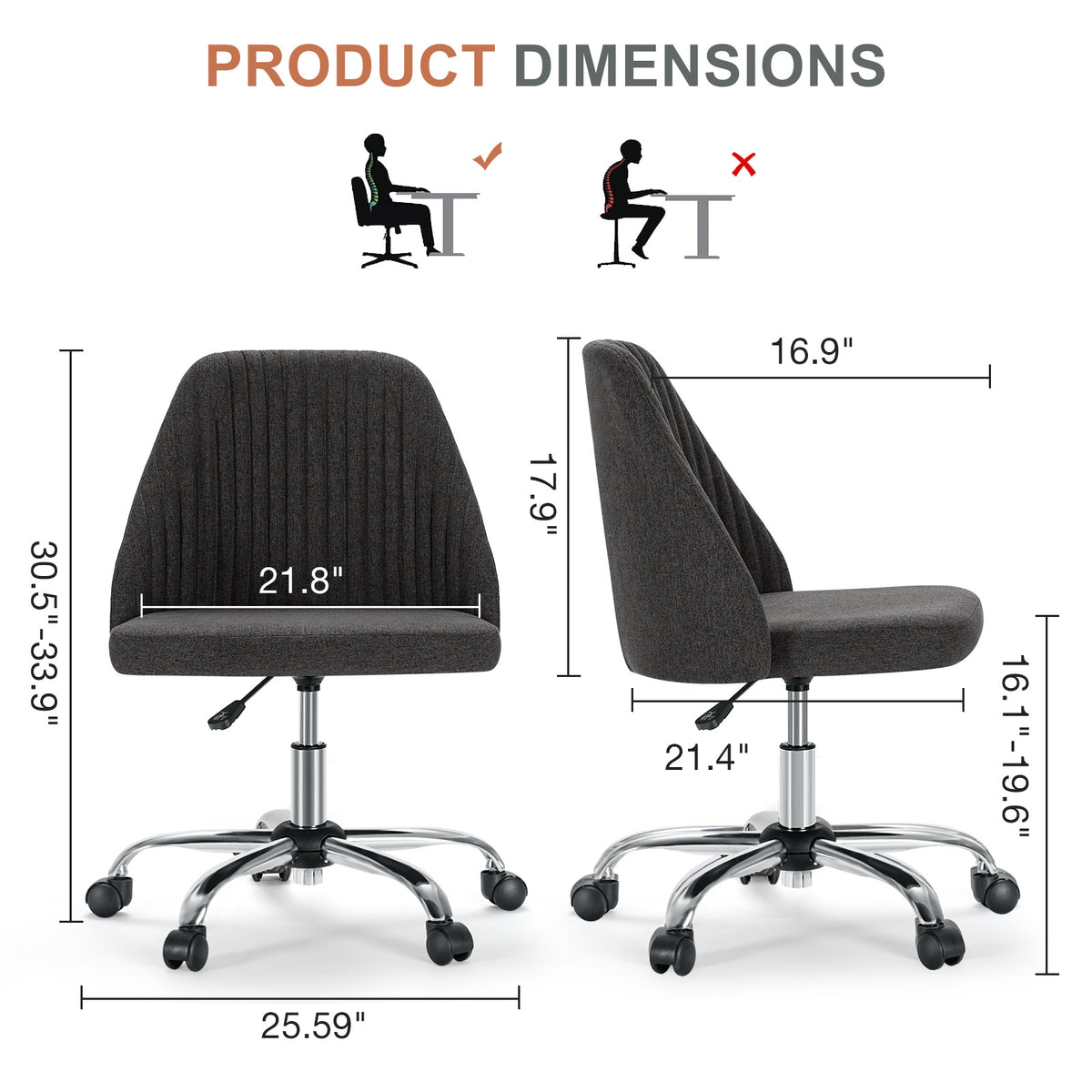 Modern Fabric Armless Adjustable Swivel Office Desk Chairs With Wheels Dark Grey
