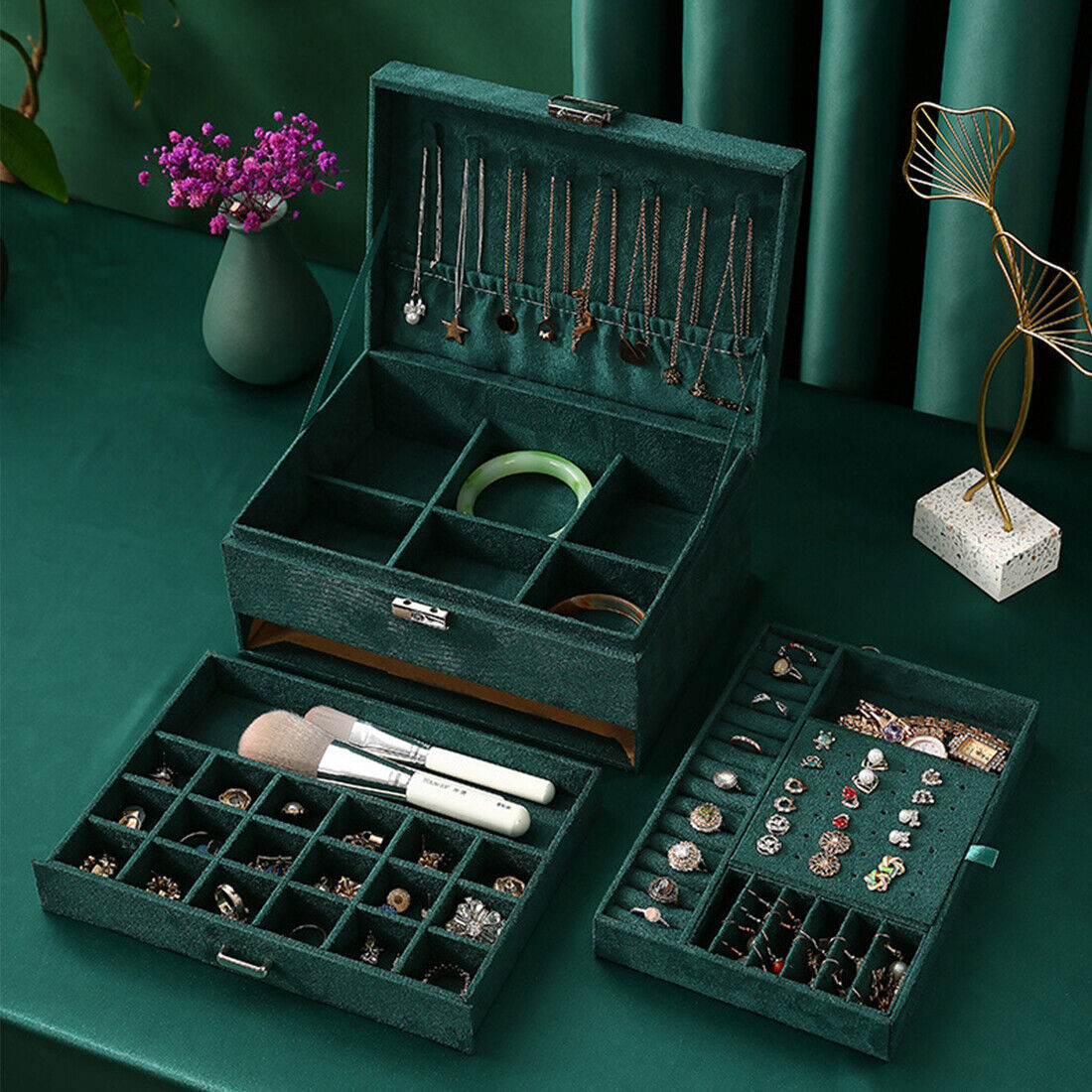 3 Layer Grey Jewellery Box Organizer Rings Necklaces Jewellry Storage Case Box Green