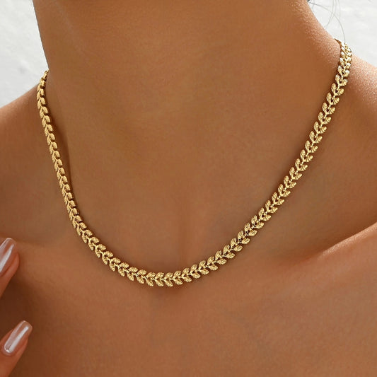 Luxury Chain Necklace Retro Geometric Wheat Leaf Design Stylish Spring Summer Accessories, Everyday Party Wear Gift Idea