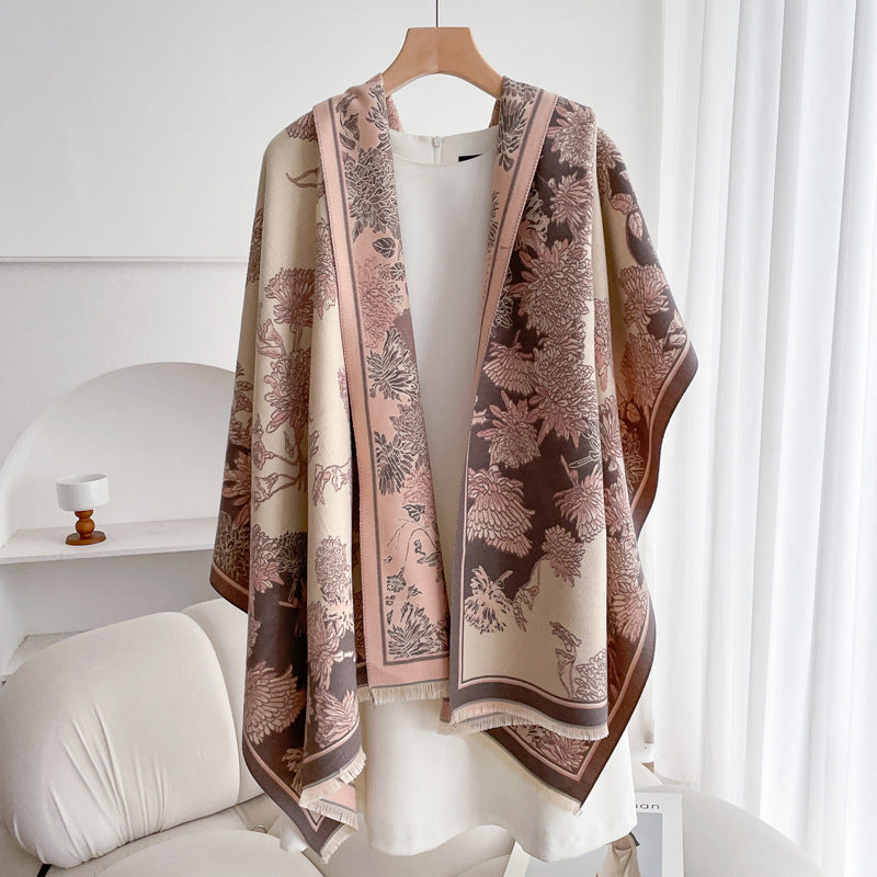 Warm Scarf Fashionable Outerwear Sweet Cute Double-sided Shawl Daisy Coffee Pink