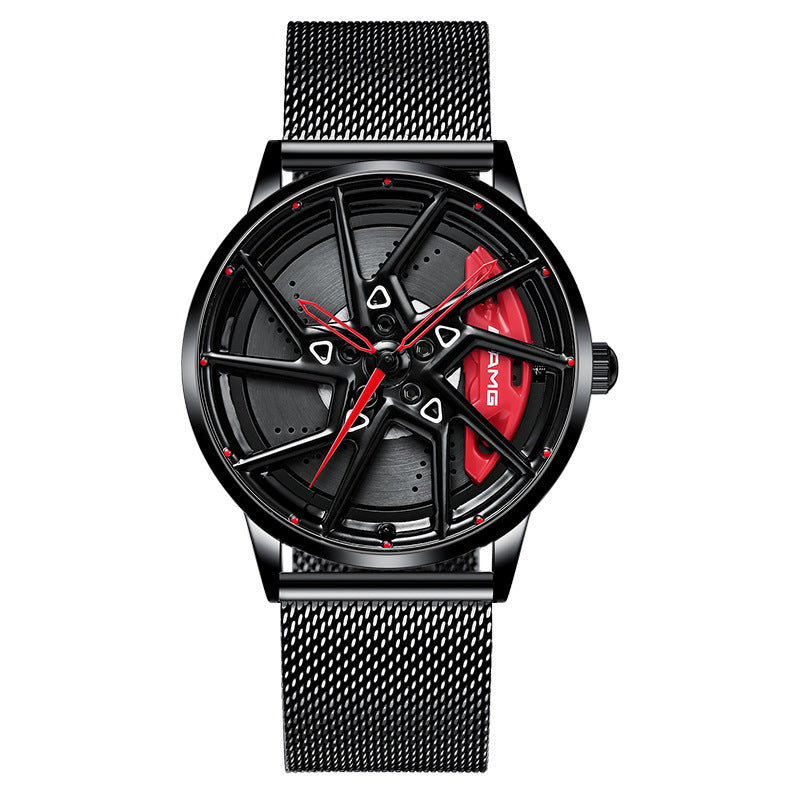 Hub Stereo Caliper Skeleton Dial Watch All black and red hands Mesh belt