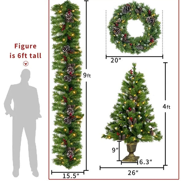 Pre-lit Xmas Tree Artificial Christmas 4-Piece Set,Garland, Wreath And Set Of 2 Entrance Trees X-mas Green
