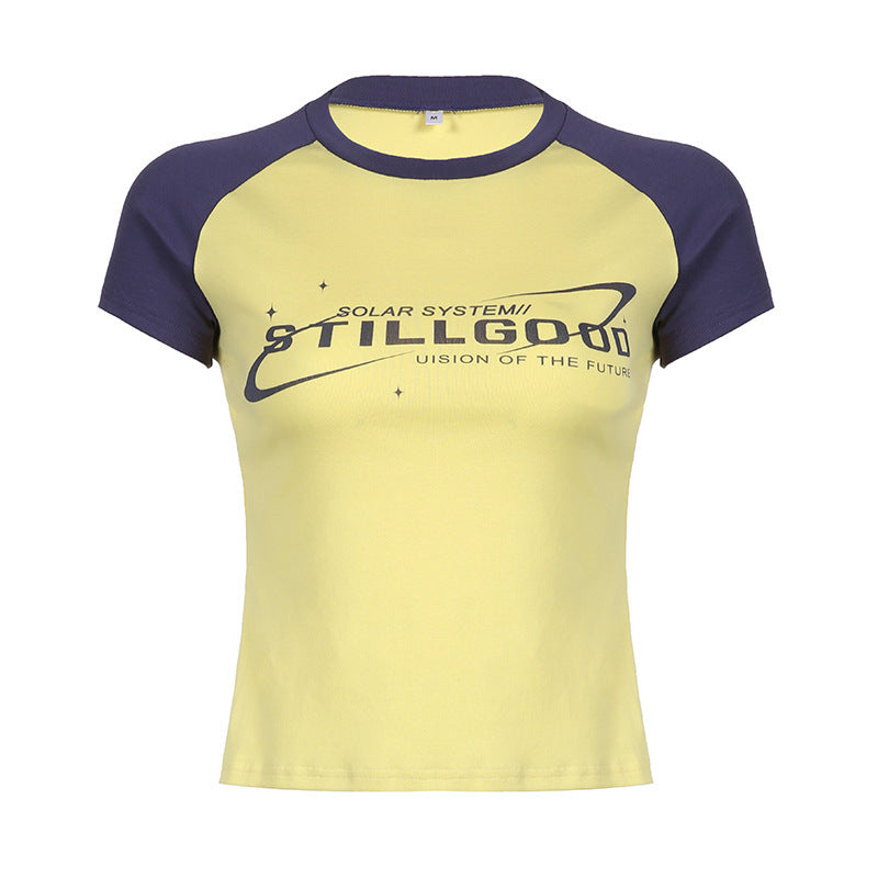 Contrasting Letter Print Raglan Short Sleeve Ladies Top Yellow