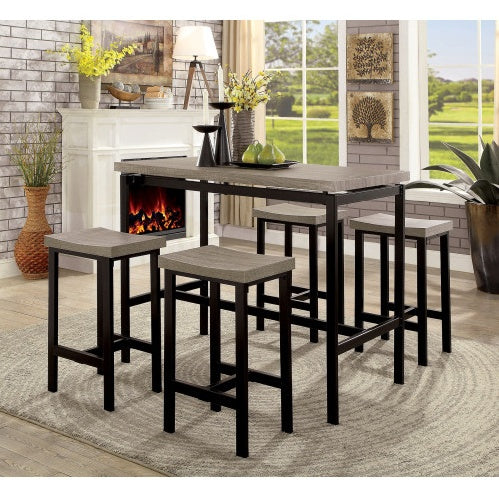 5 Pc Counter Height Table Set Two Tone Design Black Gray Dining Chairs Sturdy Metal Construction PVC Plastic Top Dining Room Furniture Black Gray