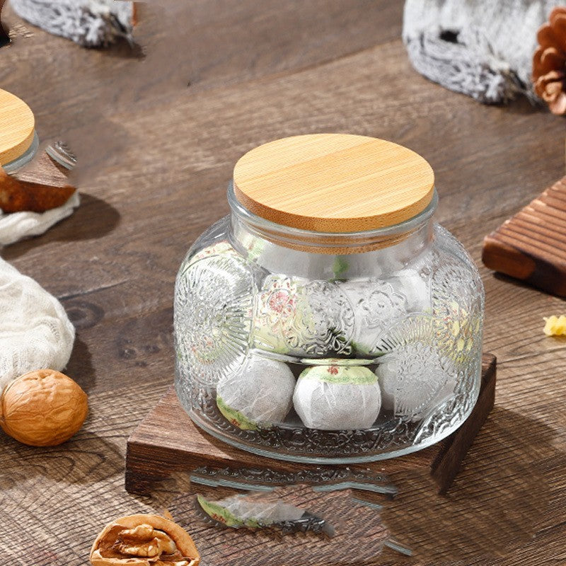 Glass Storage Jar Snack Tea Household Sealed Bottles Carved bamboo cover