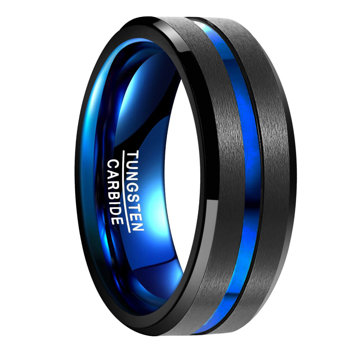 Men's 8mm Wide Vacuum Plating Tungsten Ring Black And Blue