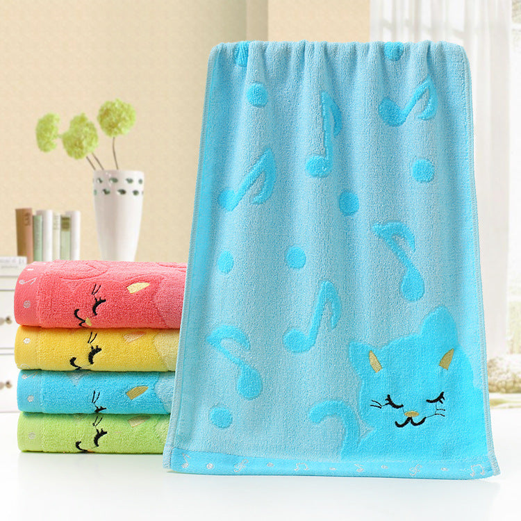 Bamboo Fiber Children's Jacquard Embroidery Notes Cat Small Towel Blue 25x50