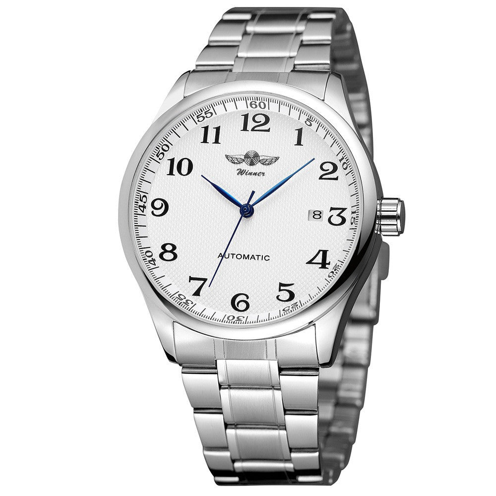 Fashion Simple Stainless Steel Men's Business Watch Silver shell white noodles