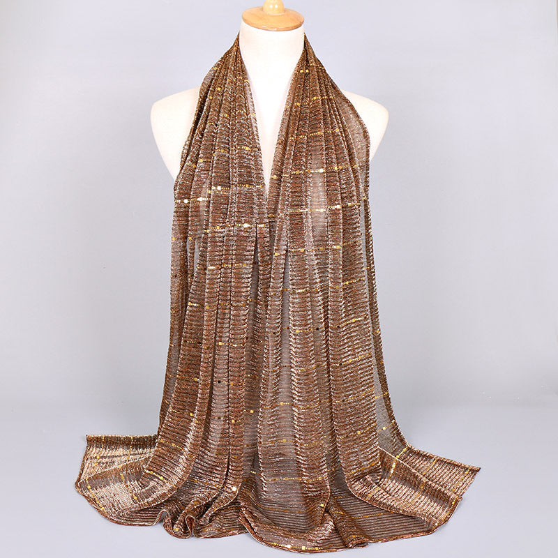 New Women's Lamp Wick Silk Sequined Scarf 8 Coffee 180x65cm