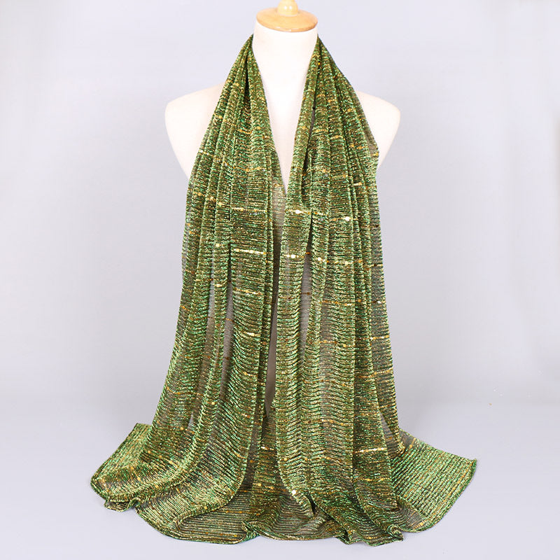 New Women's Lamp Wick Silk Sequined Scarf 13 Green 180x65cm