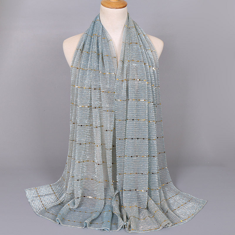 New Women's Lamp Wick Silk Sequined Scarf 5 Blue And Green 180x65cm