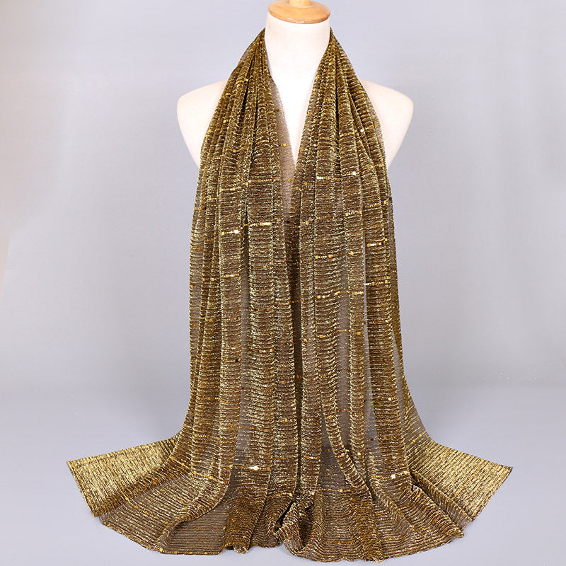 New Women's Lamp Wick Silk Sequined Scarf 9 Yellowish Brown 180x65cm