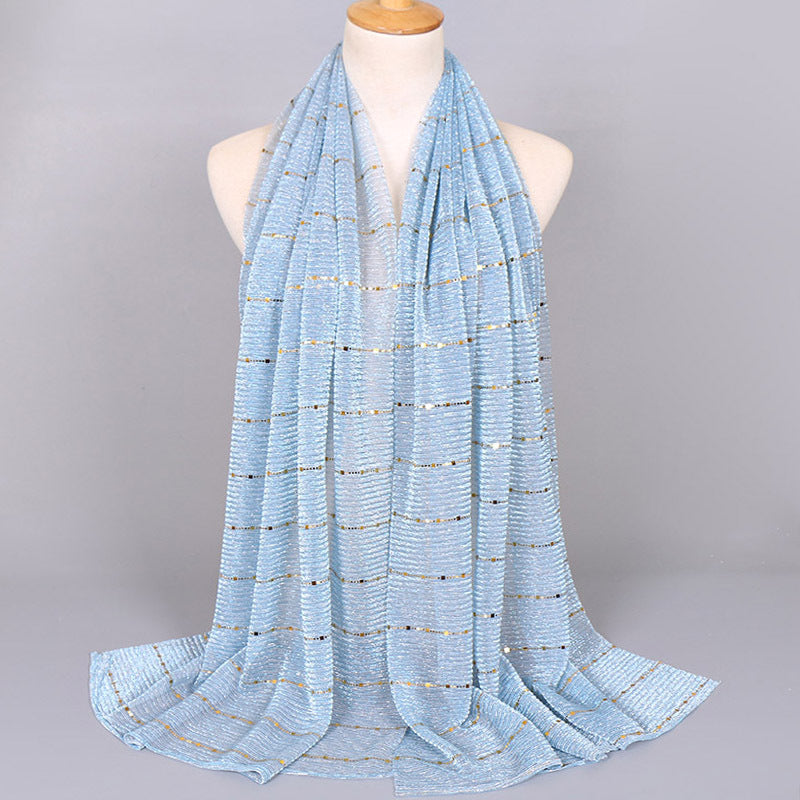 New Women's Lamp Wick Silk Sequined Scarf 1 Water Blue 180x65cm
