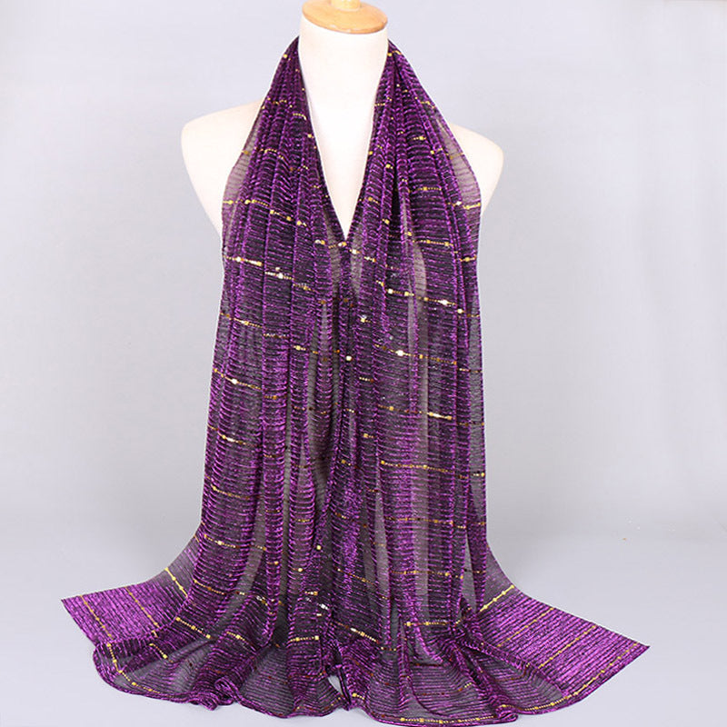 New Women's Lamp Wick Silk Sequined Scarf 14 Dark Purple 180x65cm