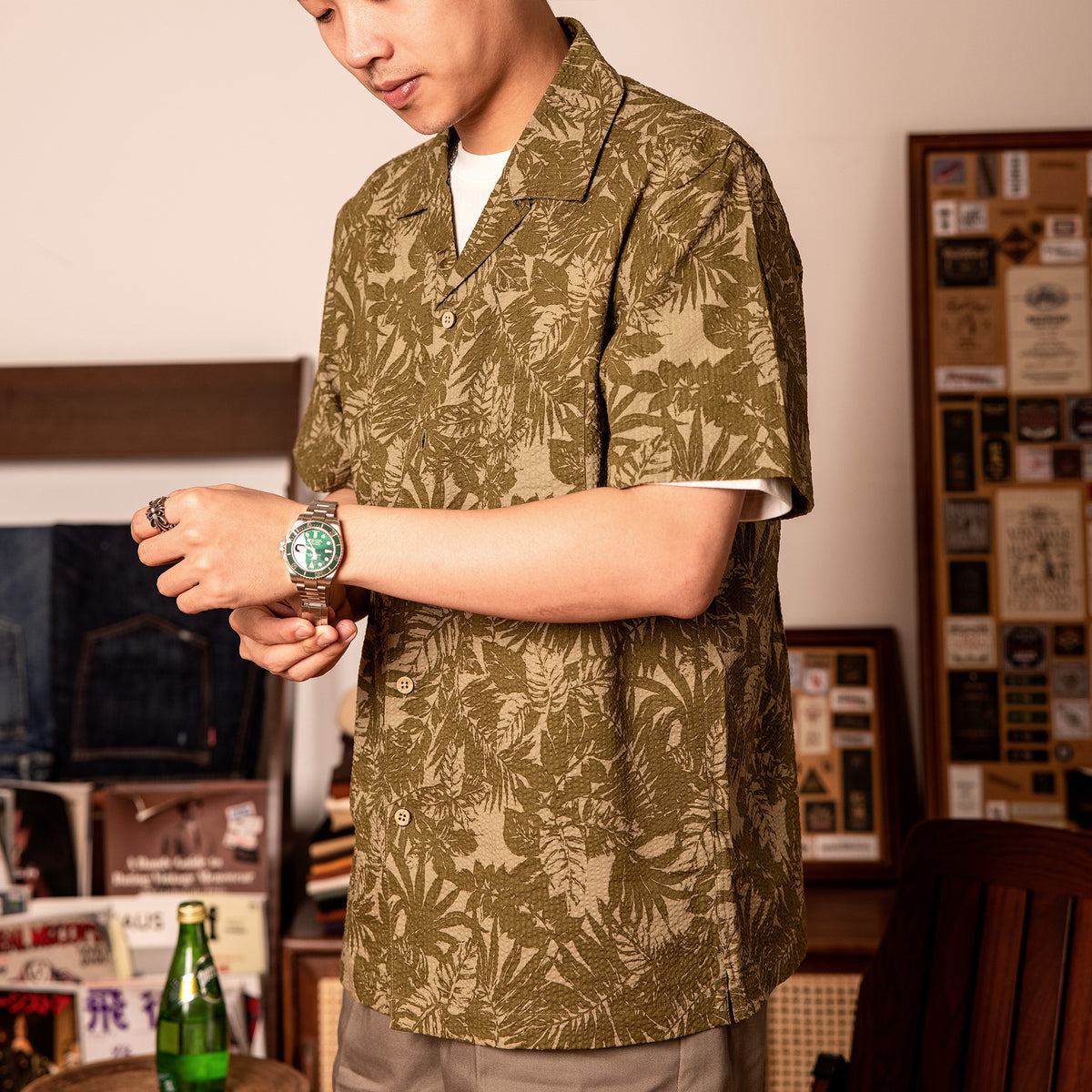 Vintage Printed Seersucker Cuban Collar Shirt