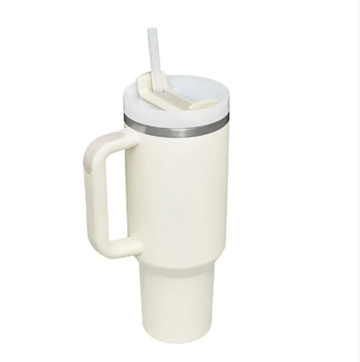 Personalized DIY Straw Coffee Insulation Cup With Handle Portable Car Stainless Steel Water Bottle Large Capacity Travel BPA Free Thermal Mug Cream white