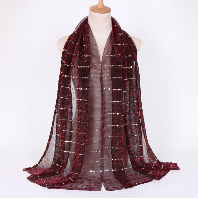 New Women's Lamp Wick Silk Sequined Scarf 19 Black And Red Threads 180x65cm