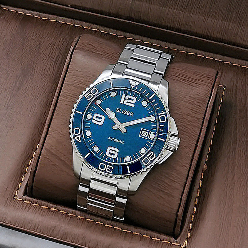 Automatic mechanical watch waterproof watch Blue circle silver