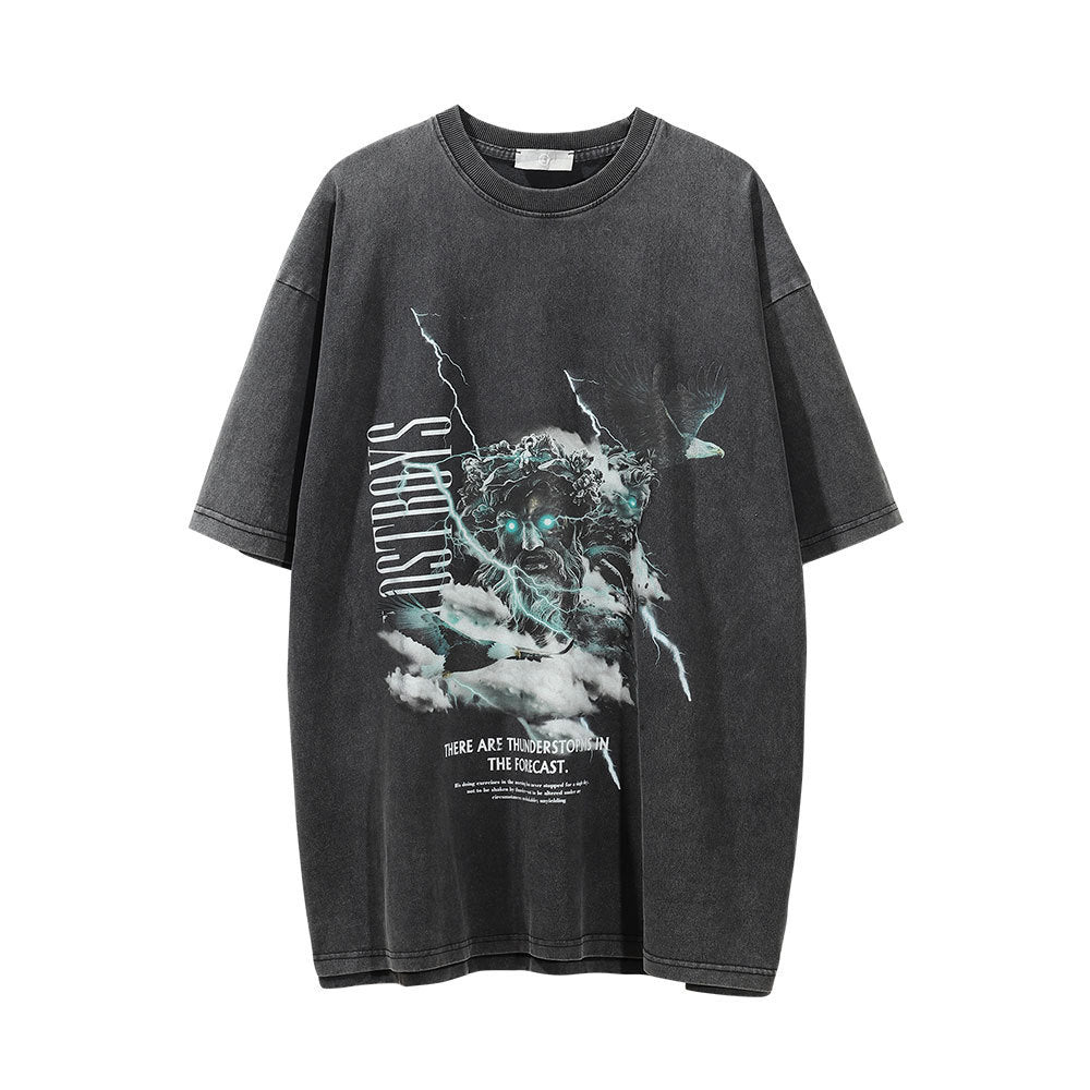Devil Print Washed T-shirt Men Retro Black