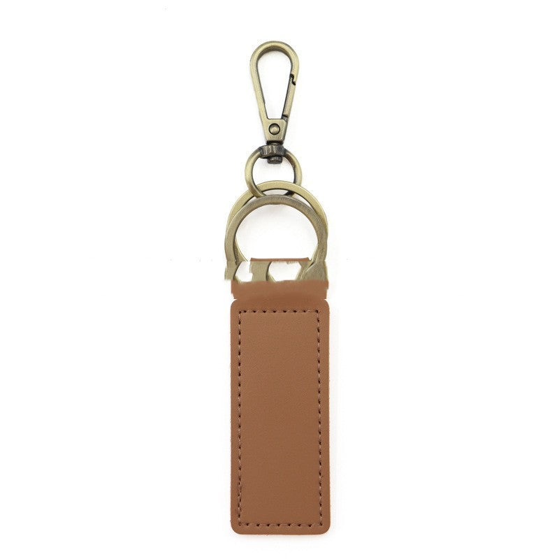 Solid Color Leather Double Ring Keychain Laser Engraving Light Brown