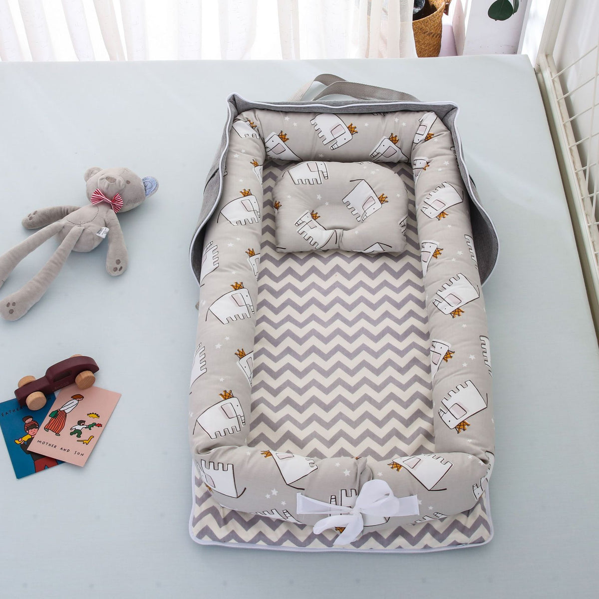 Cotton Portable Foldable Baby Bed Grey elephant