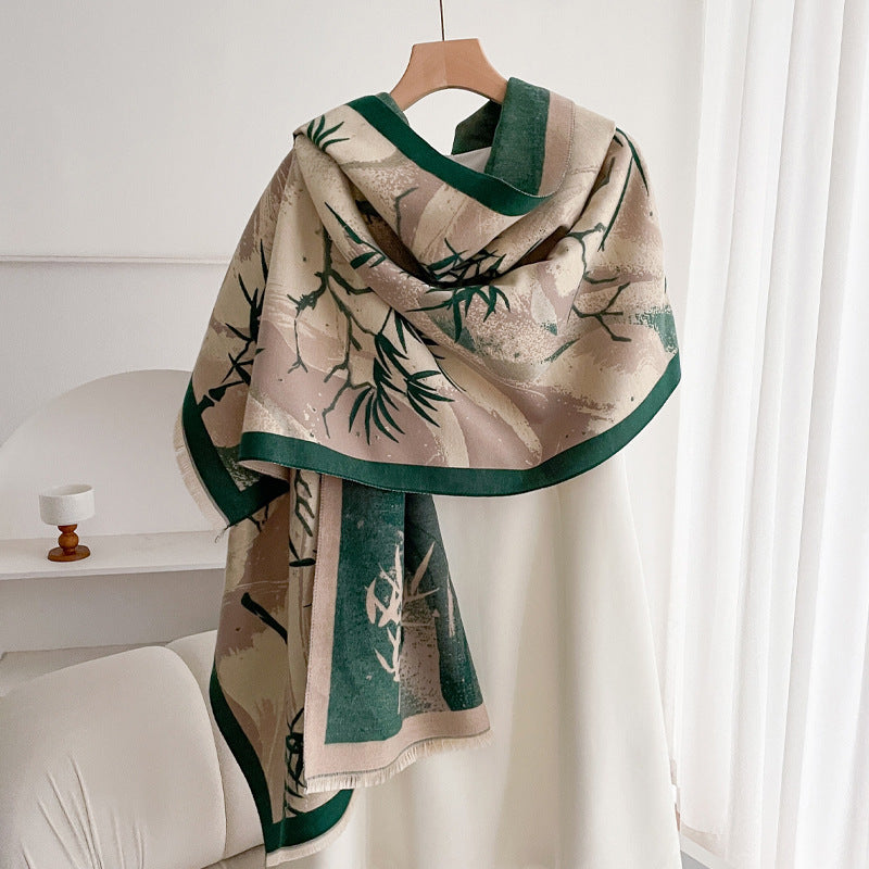 Warm Scarf Fashionable Outerwear Sweet Cute Double-sided Shawl Lucky Bamboo Green Rice