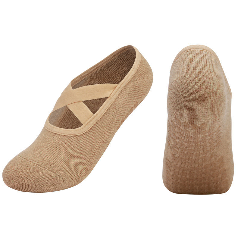 Non-slip Glue Women's Antibacterial Cotton Cross Strap Yoga Socks Q2 Beige 35to42