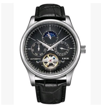 Men's automatic mechanical watch men's watch leather belt waterproof multi-function sports watch tourbillon watch Belt silver black