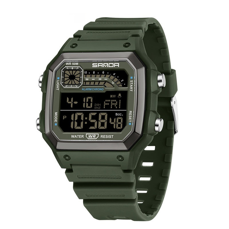 Electronic Watch Luminous Waterproof Sports Men Thin Square Army Green