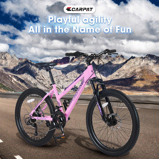 S24103 24 Inch Mountain Bike For Teenagers Girls Women, Shimano 21 Speeds With Dual Disc Brakes And 100mm Front Suspension, White-Pink