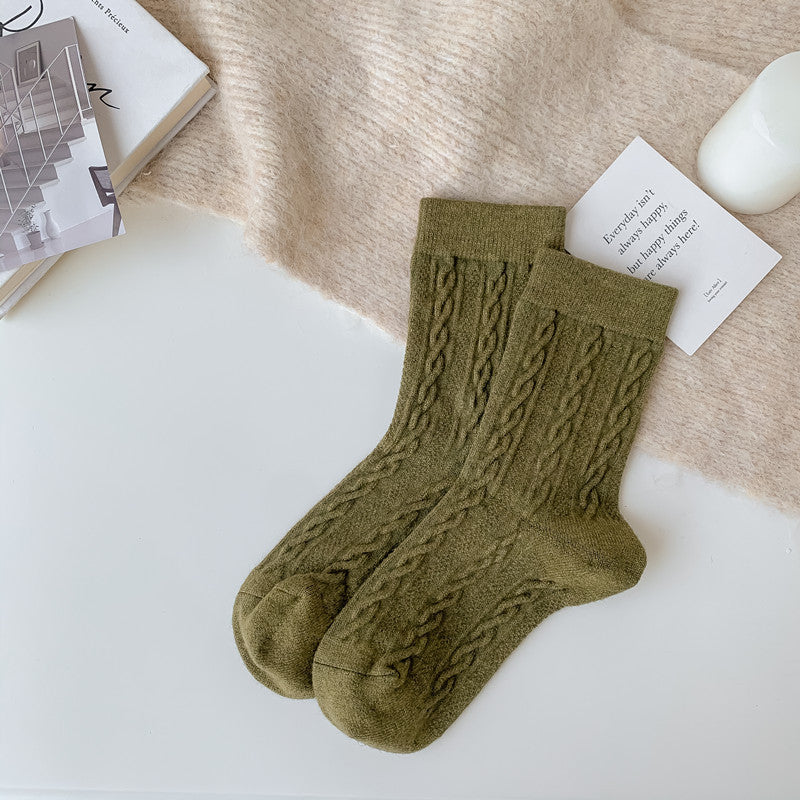 Women's Socks Japanese Style Knitting Twist Olive Green Free Size